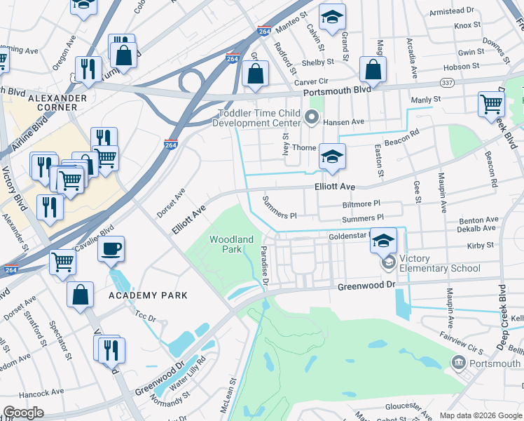 map of restaurants, bars, coffee shops, grocery stores, and more near 720 Summers Place in Portsmouth