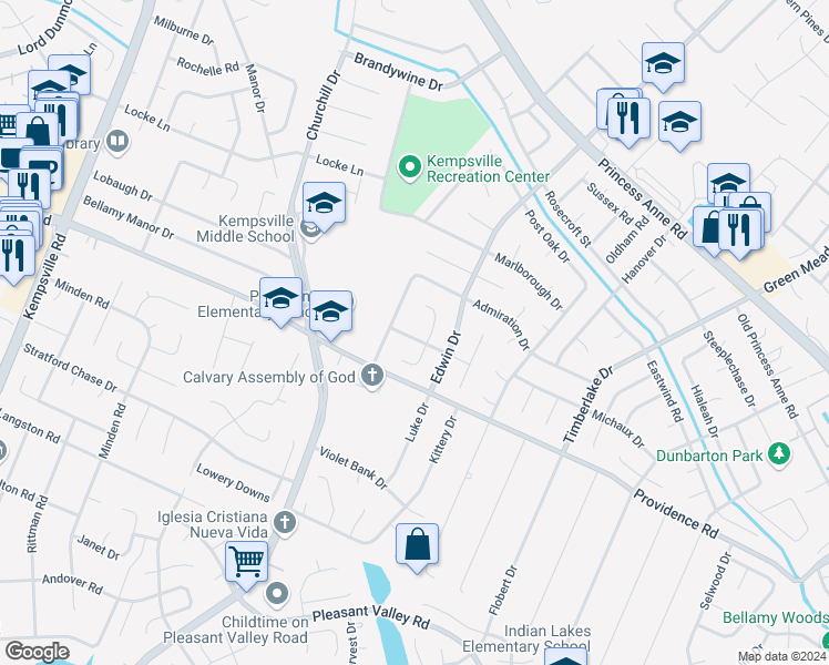 map of restaurants, bars, coffee shops, grocery stores, and more near 4912 Whipaway Lane in Virginia Beach
