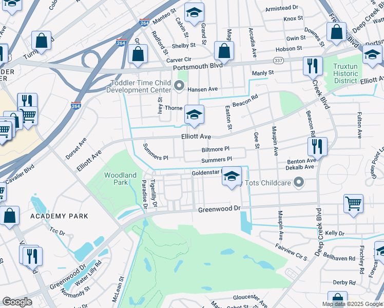 map of restaurants, bars, coffee shops, grocery stores, and more near 506 Biltmore Place in Portsmouth