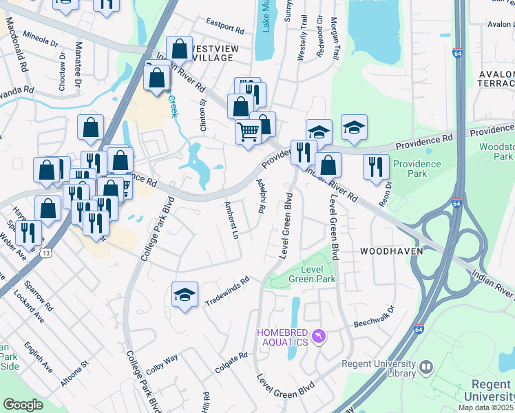 map of restaurants, bars, coffee shops, grocery stores, and more near 925 Adelphi Road in Virginia Beach