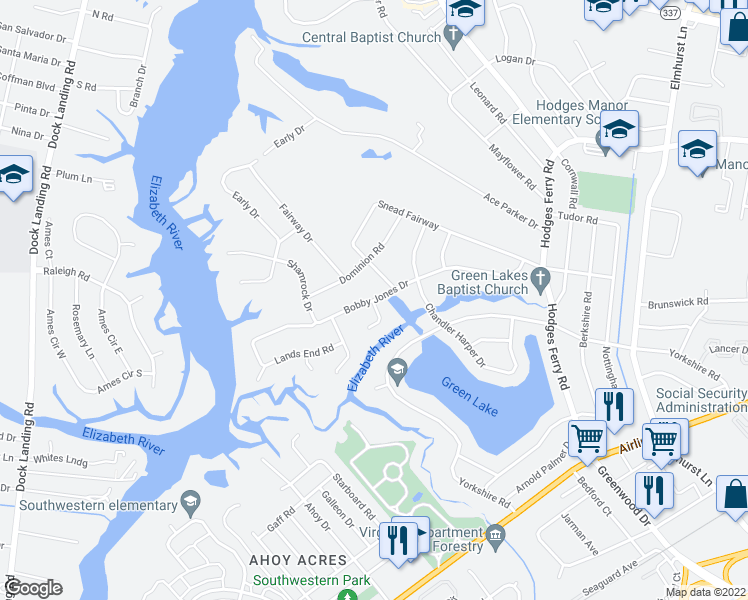 map of restaurants, bars, coffee shops, grocery stores, and more near 205 Bobby Jones Drive in Portsmouth