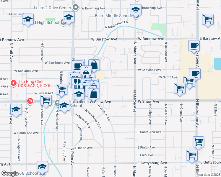 map of restaurants, bars, coffee shops, grocery stores, and more near 5085 North Wishon Avenue in Fresno