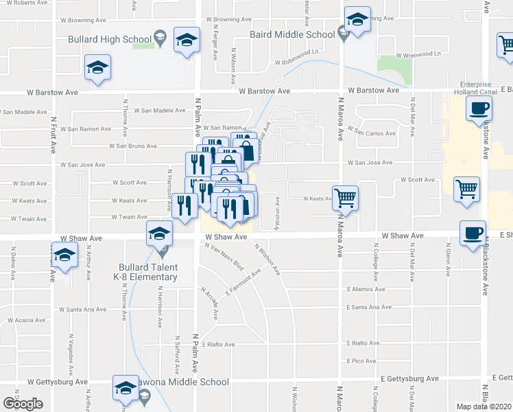 map of restaurants, bars, coffee shops, grocery stores, and more near 5075 North Roosevelt Avenue in Fresno