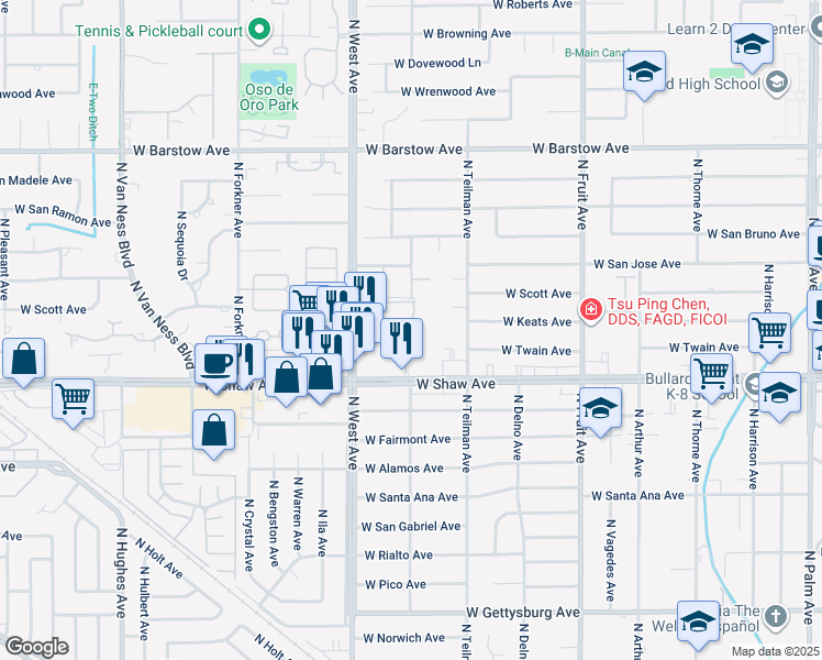 map of restaurants, bars, coffee shops, grocery stores, and more near 1734 West Shaw Avenue in Fresno