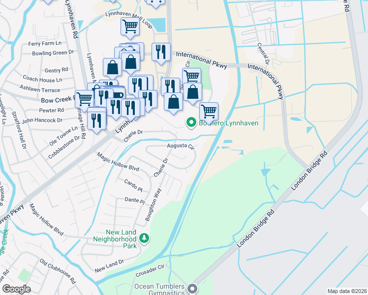 map of restaurants, bars, coffee shops, grocery stores, and more near 2817 Augusta Circle in Virginia Beach