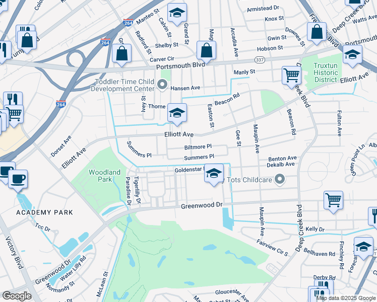 map of restaurants, bars, coffee shops, grocery stores, and more near 414 Biltmore Place in Portsmouth