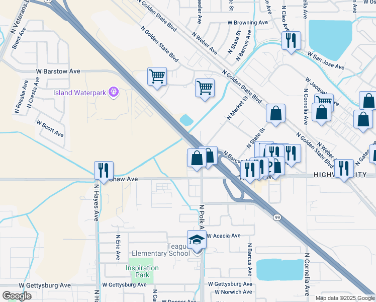 map of restaurants, bars, coffee shops, grocery stores, and more near 5100 North Lola Avenue in Fresno