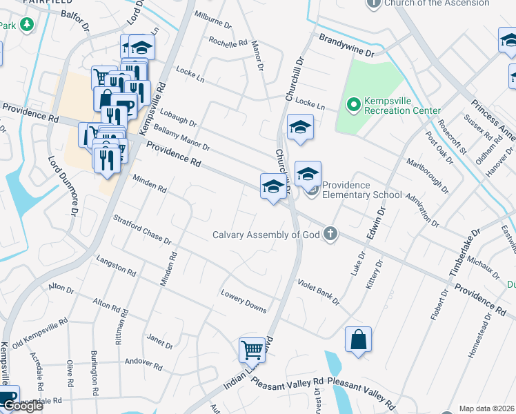 map of restaurants, bars, coffee shops, grocery stores, and more near 1112 Rollingwood Arch in Virginia Beach