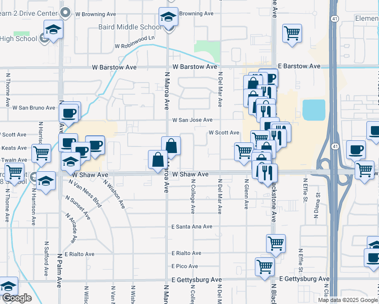 map of restaurants, bars, coffee shops, grocery stores, and more near 5083 N College Ave in Fresno