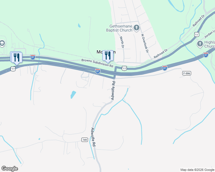 map of restaurants, bars, coffee shops, grocery stores, and more near 126 Adwolfe Road in Marion