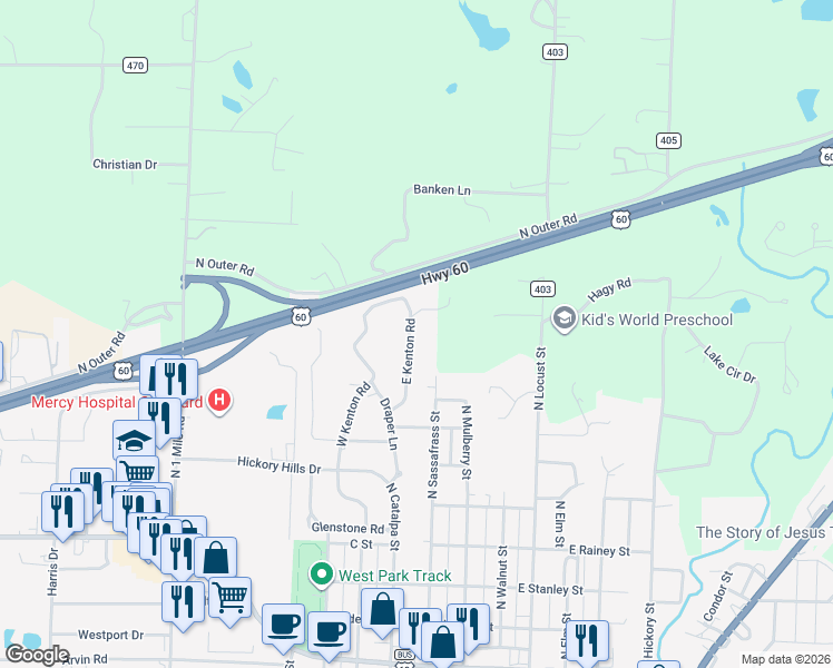 map of restaurants, bars, coffee shops, grocery stores, and more near 1520 East Kenton Road in Dexter