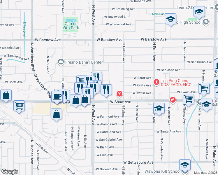 map of restaurants, bars, coffee shops, grocery stores, and more near 1734 West Shaw Avenue in Fresno