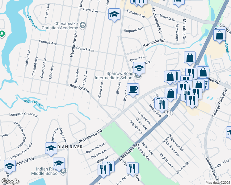 map of restaurants, bars, coffee shops, grocery stores, and more near 1527 Elm Avenue in Chesapeake