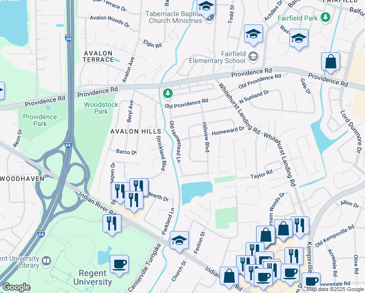 map of restaurants, bars, coffee shops, grocery stores, and more near 1004 Old Homestead Lane in Virginia Beach
