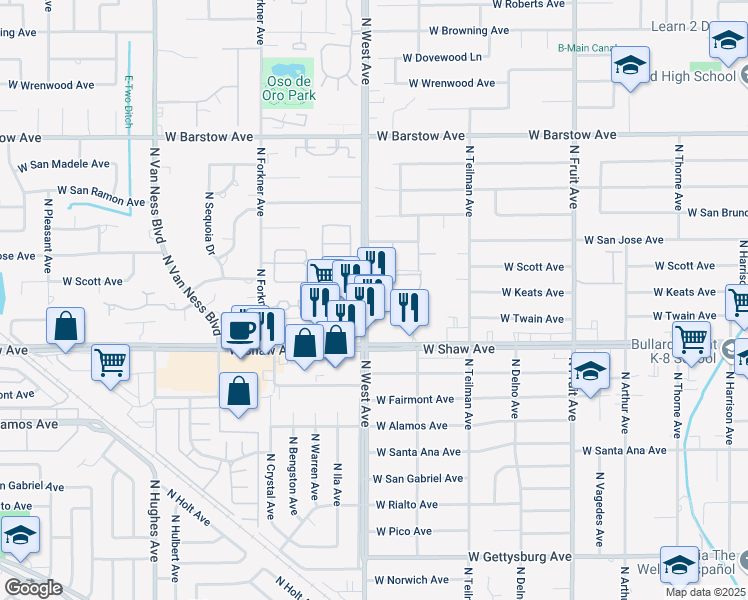 map of restaurants, bars, coffee shops, grocery stores, and more near 5104 North West Avenue in Fresno