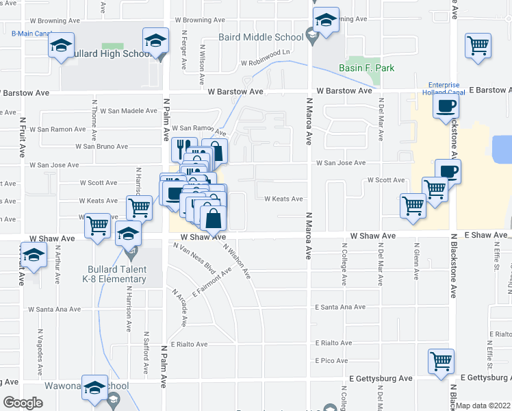 map of restaurants, bars, coffee shops, grocery stores, and more near 5068 North Wishon Avenue in Fresno