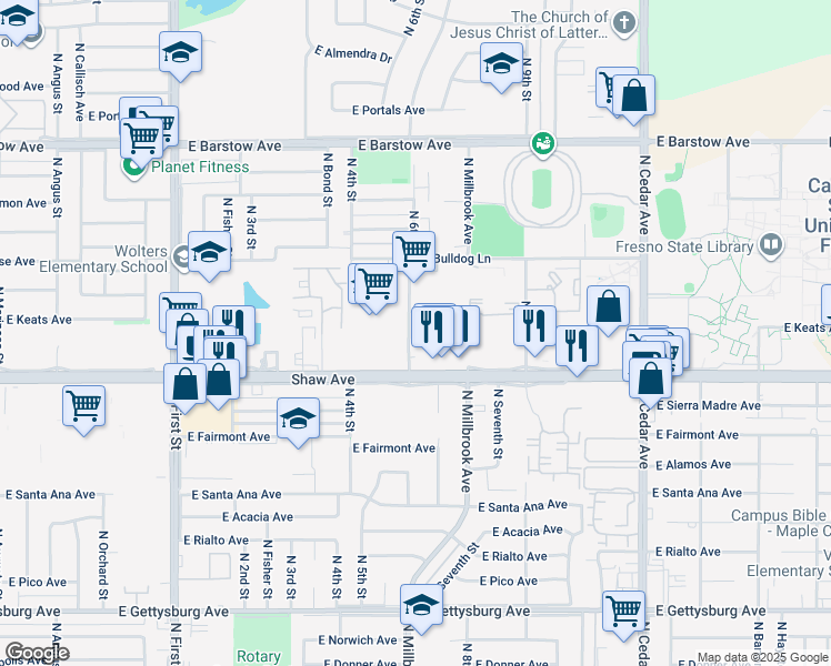 map of restaurants, bars, coffee shops, grocery stores, and more near 5070 North 6th Street in Fresno