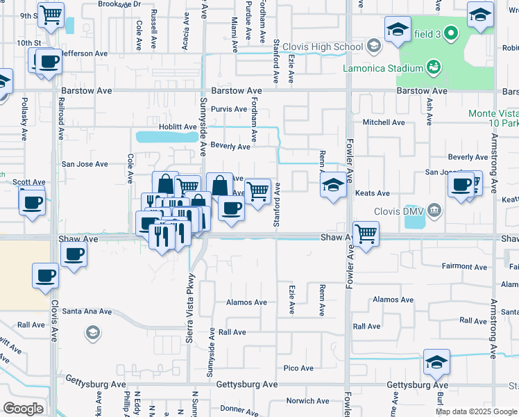 map of restaurants, bars, coffee shops, grocery stores, and more near 1543 Poe Ln in Clovis