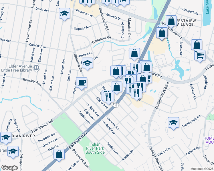 map of restaurants, bars, coffee shops, grocery stores, and more near 1721 Fisher Avenue in Chesapeake