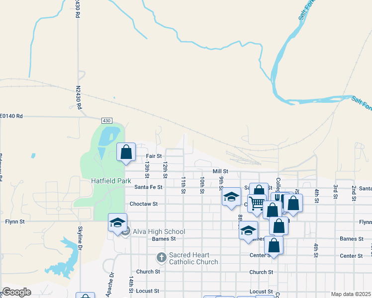map of restaurants, bars, coffee shops, grocery stores, and more near 210 North 11th Street in Alva