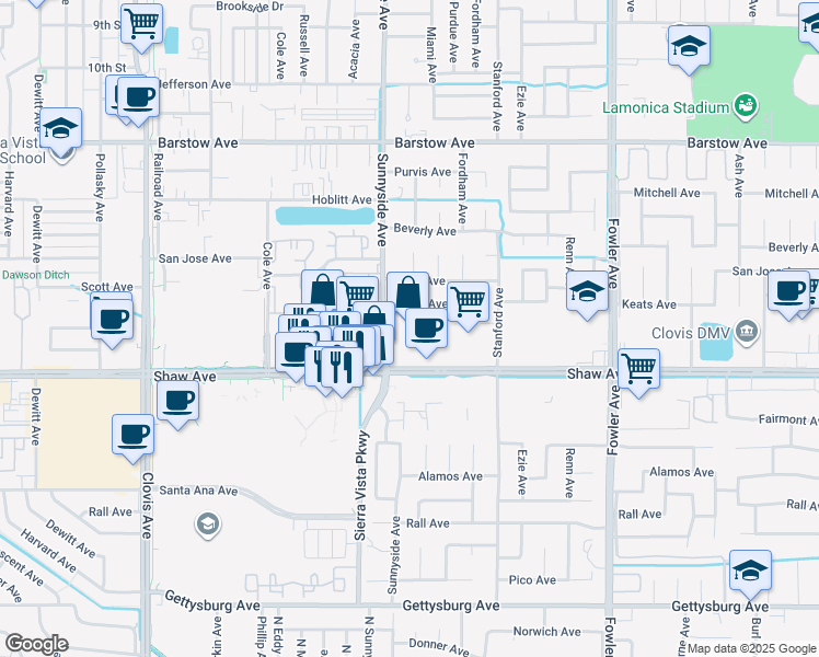 map of restaurants, bars, coffee shops, grocery stores, and more near 1445 Shaw Avenue in Clovis
