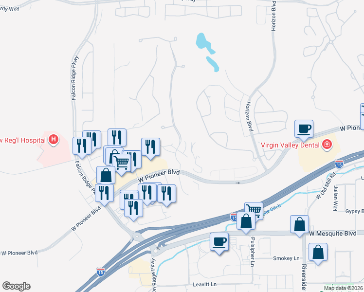 map of restaurants, bars, coffee shops, grocery stores, and more near 333 Montpere Circle in Mesquite