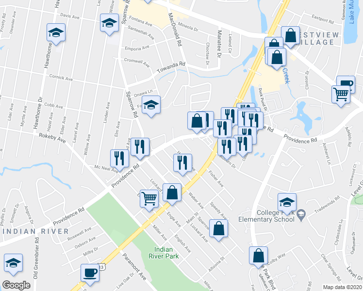 map of restaurants, bars, coffee shops, grocery stores, and more near 1721 Fisher Avenue in Chesapeake