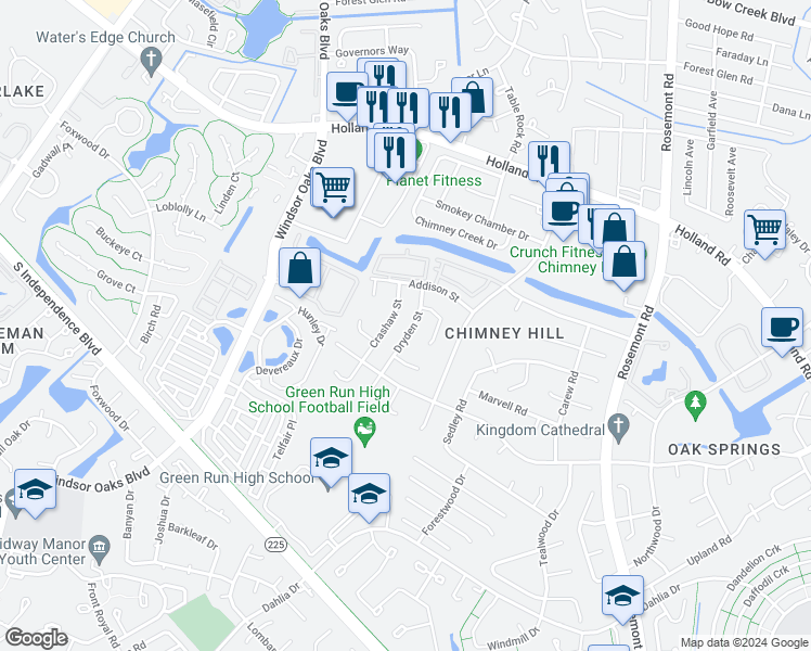 map of restaurants, bars, coffee shops, grocery stores, and more near 819 Dryden Street in Virginia Beach