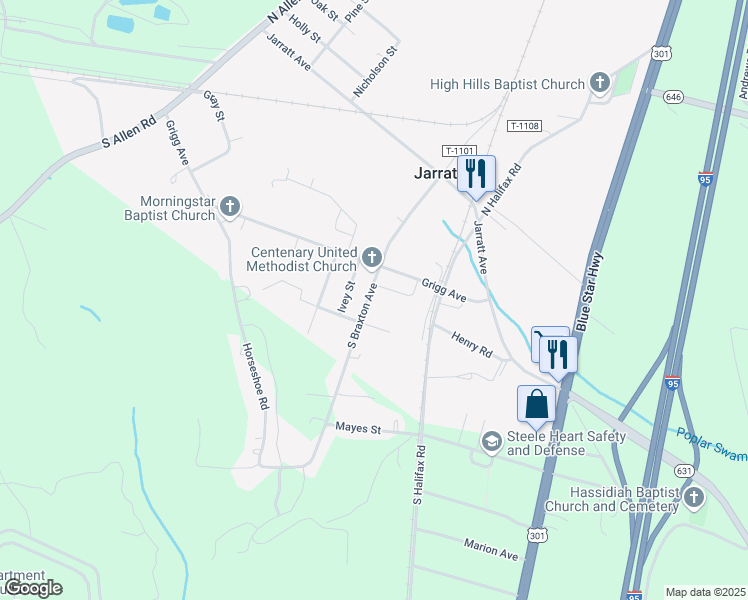 map of restaurants, bars, coffee shops, grocery stores, and more near 310 South Braxton Avenue in Jarratt