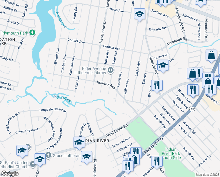 map of restaurants, bars, coffee shops, grocery stores, and more near 1604 Elder Avenue in Chesapeake