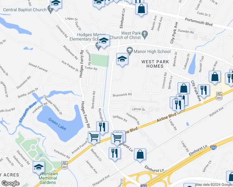 map of restaurants, bars, coffee shops, grocery stores, and more near 504 Brunswick Road in Portsmouth