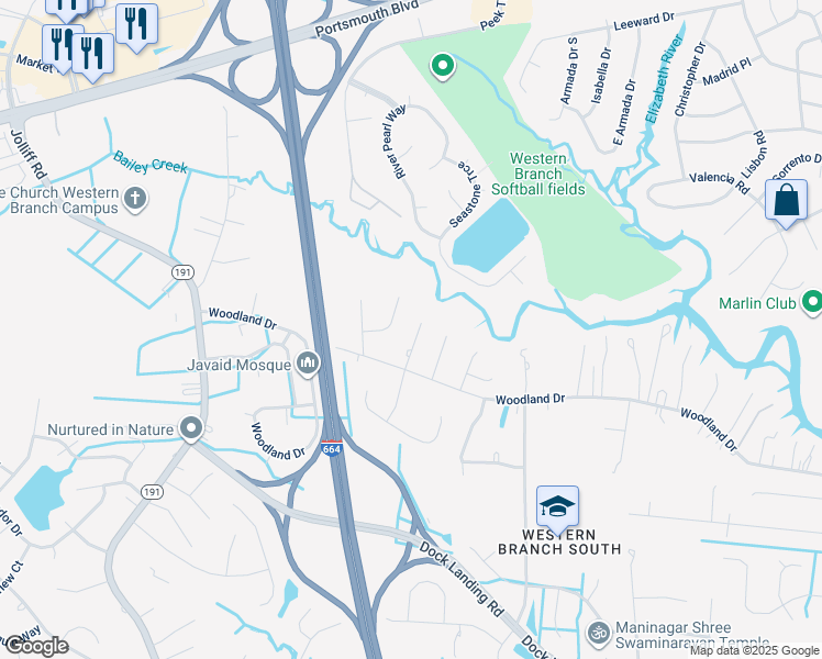 map of restaurants, bars, coffee shops, grocery stores, and more near 1812 Frederick Court in Chesapeake