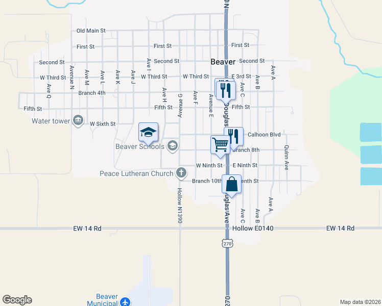 map of restaurants, bars, coffee shops, grocery stores, and more near 803 Avenue F in Beaver