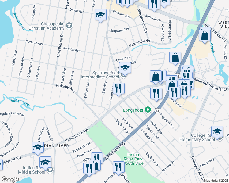 map of restaurants, bars, coffee shops, grocery stores, and more near 1524 Wood Avenue in Chesapeake