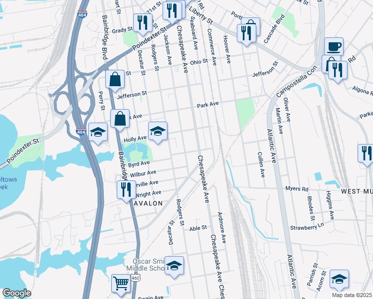 map of restaurants, bars, coffee shops, grocery stores, and more near 1301 Richmond Avenue in Chesapeake