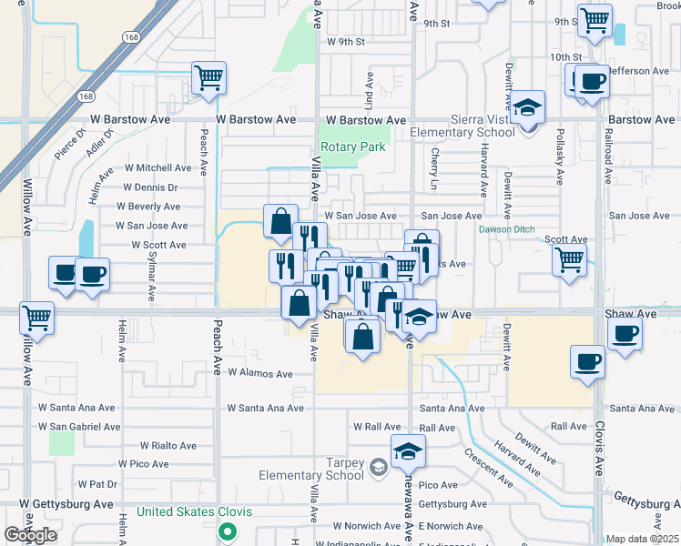 map of restaurants, bars, coffee shops, grocery stores, and more near 147 Shaw Avenue in Clovis