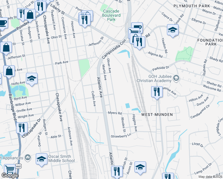 map of restaurants, bars, coffee shops, grocery stores, and more near 1754 Oliver Avenue in Chesapeake