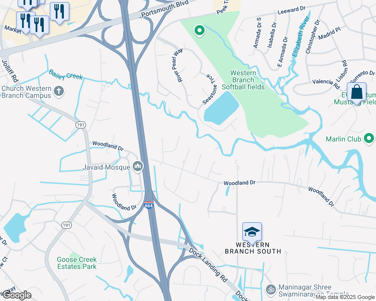 map of restaurants, bars, coffee shops, grocery stores, and more near 1812 Frederick Court in Chesapeake