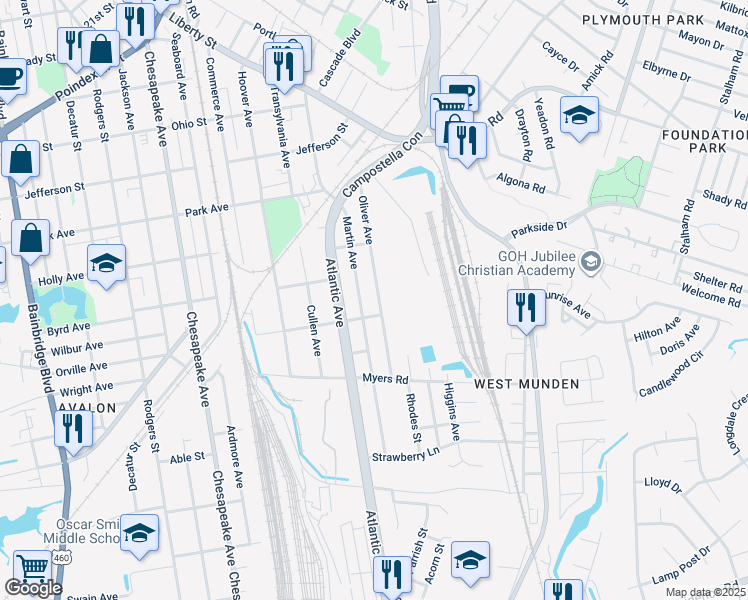 map of restaurants, bars, coffee shops, grocery stores, and more near 1754 Oliver Avenue in Chesapeake