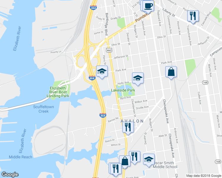 map of restaurants, bars, coffee shops, grocery stores, and more near 1453 Perry Street in Chesapeake