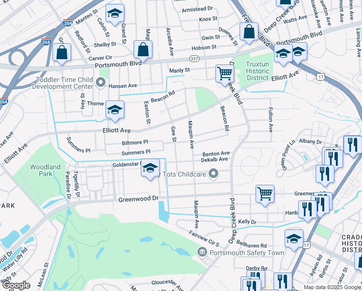 map of restaurants, bars, coffee shops, grocery stores, and more near 201 Gee Street in Portsmouth