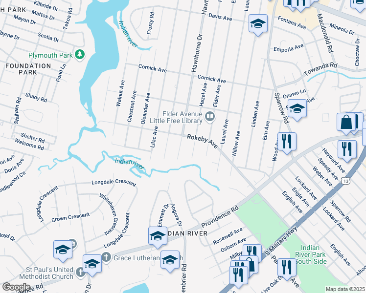 map of restaurants, bars, coffee shops, grocery stores, and more near 1608 Hawthorne Drive in Chesapeake