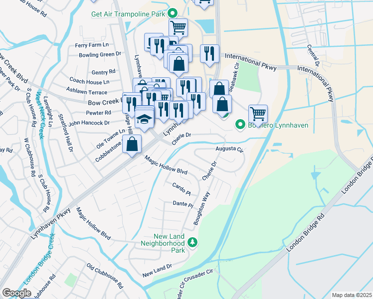 map of restaurants, bars, coffee shops, grocery stores, and more near 2933 Augusta Circle in Virginia Beach