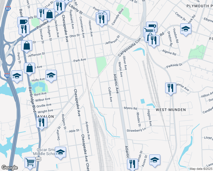 map of restaurants, bars, coffee shops, grocery stores, and more near 1712 Cullen Avenue in Chesapeake
