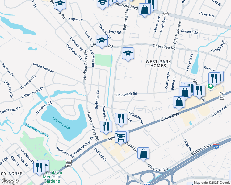 map of restaurants, bars, coffee shops, grocery stores, and more near 1618 Elmhurst Lane in Portsmouth