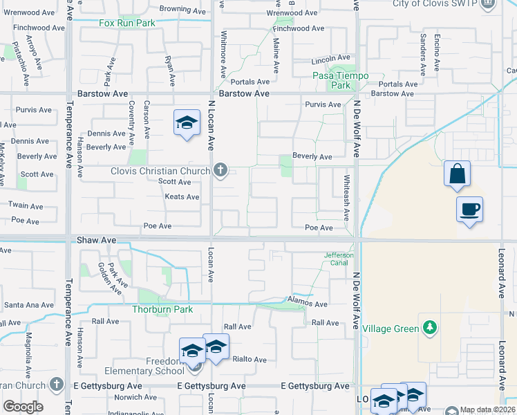 map of restaurants, bars, coffee shops, grocery stores, and more near 3127 Twain Avenue in Clovis