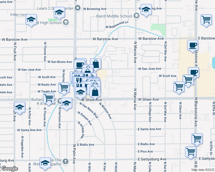 map of restaurants, bars, coffee shops, grocery stores, and more near 5085 North Wishon Avenue in Fresno