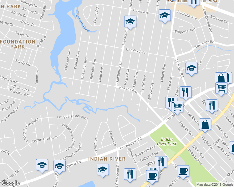 map of restaurants, bars, coffee shops, grocery stores, and more near 1607 Hazel Avenue in Chesapeake