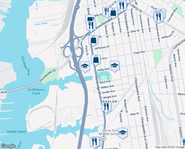 map of restaurants, bars, coffee shops, grocery stores, and more near 1453 Perry Street in Chesapeake