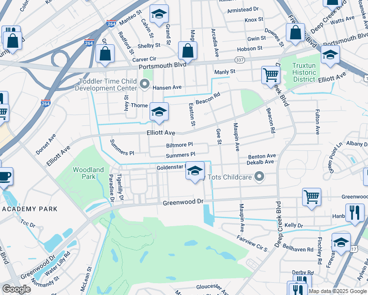map of restaurants, bars, coffee shops, grocery stores, and more near 414 Biltmore Place in Portsmouth